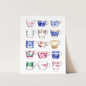 China Teacups Watercolor Art Print, Chinoiserie Painting, Antique Tea Cups Wall Decor, Grandmillennial Home, Southern Preppy Gift for Her image 1