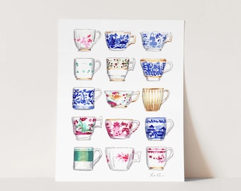 China Teacups Watercolor Art Print, Chinoiserie Painting, Antique Tea Cups Wall Decor, Grandmillennial Home, Southern Preppy Gift for Her