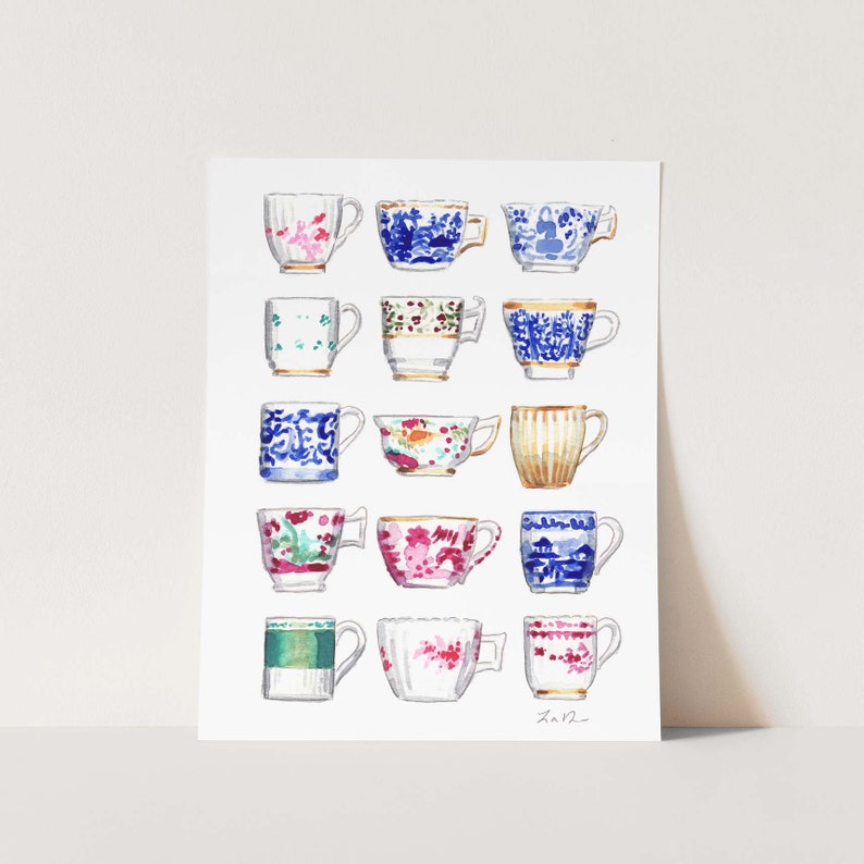 China Teacups Watercolor Art Print, Chinoiserie Painting, Antique Tea Cups Wall Decor, Grandmillennial Home, Southern Preppy Gift for Her image 1