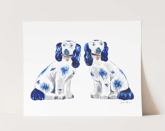 Blue and White Staffordshire Dogs Pair Art Print, Grandmillennial Decor, Watercolor Painting, Chinoiserie Gift, Southern Preppy Style