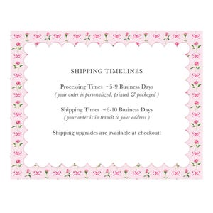 a shipping timeline for a personalized, printed, and packaged order. The processing times range from 5-9 business days, depending on whether the order is in transit to the customer's address or not. The shipping times range from 6-10 business days, depending on whether the order is in transit to the customer's address or not. The image does not contain any text that is too long or too vague, and it does not describe each individual element of the image.
