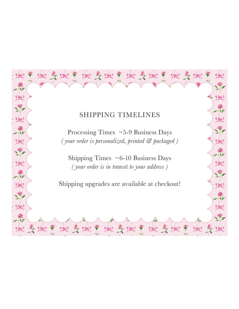 a shipping timeline for a personalized, printed, and packaged order. The processing times range from 5-9 business days, depending on whether the order is in transit to the customer's address or not. The shipping times range from 6-10 business days, depending on whether the order is in transit to the customer's address or not. The image does not contain any text that is too long or too vague, and it does not describe each individual element of the image.