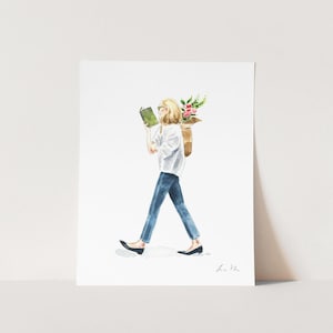 Bookish Girl Art Print, Springtime Fashion Illustration Watercolor Painting, Bookshelf Home Decor, Whimsical Reading, Book Lover Girl Gift