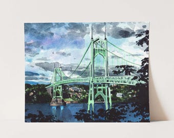 St Johns Bridge Art Print, Portland Oregon Watercolor, Willamette River Landscape, Pacific Northwest Gift, Portland Art Print, PNW Gift