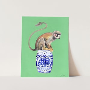 Chinoiserie Monkey Art Print No. 2, Southern Preppy Decor, Blue and White Grandmillennial, Palm Beach Style, Chinoiserie Animal Watercolor