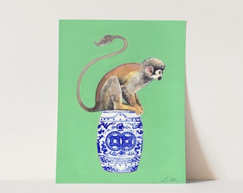 Chinoiserie Monkey Art Print No. 2, Southern Preppy Decor, Blue and White Grandmillennial, Palm Beach Style, Chinoiserie Animal Watercolor