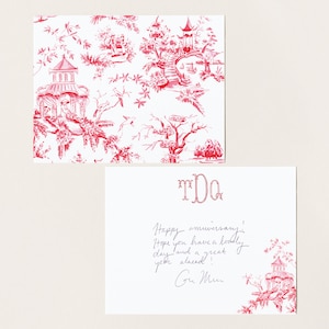 Red Chinoiserie Toile Personalized Stationery, Monogram Note Cards, Elegant Watercolor Thank You Notes, Custom Southern Hostess Gift for Mom