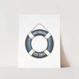 Custom Navy Blue Life Preserver Art Print, Personalized Lake House Watercolor, Beach House Wall Decor, Customized Nautical Hostess Gift