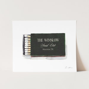 Preppy Green Matchbook Art Print, Custom Engagement Gift, Personalized Matches Watercolor Painting, Apartment Decor, Bespoke Bar Cart Art
