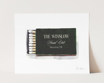 Preppy Green Matchbook Art Print, Custom Engagement Gift, Personalized Matches Watercolor Painting, Apartment Decor, Bespoke Bar Cart Art