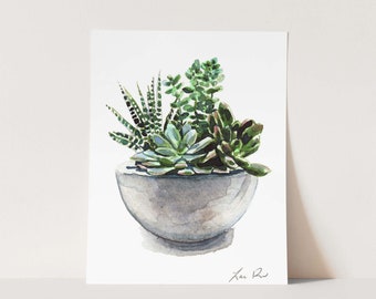 Green Succulent Garden Art Print, House Plant Watercolor, Succulent Plant Painting, Botanical Wall Art, Plant Lover Gift, Cactus Home Decor