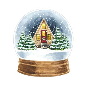 Winter Snowglobe Art Print, Christmas Cabin Watercolor Painting, Cozy Winter Decor, Scandinavian Snow Globe, Magical Holiday Night Scene zdjęcie 5