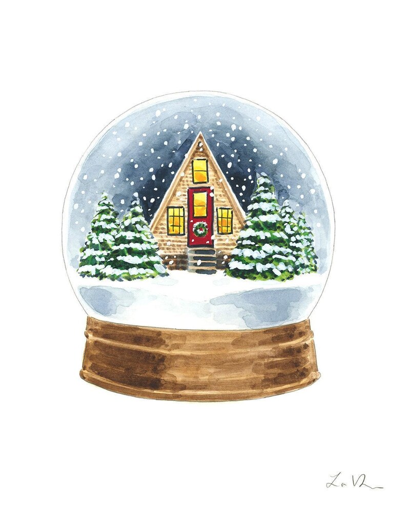 Winter Snowglobe Art Print, Christmas Cabin Watercolor Painting, Cozy Winter Decor, Scandinavian Snow Globe, Magical Holiday Night Scene zdjęcie 5