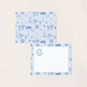 Coastal Cowgirl Blue Toile Notecards, Southern Monogrammed Gift, Western Aesthetic, Bespoke Texas Stationery, Custom Sorority Sister Gift