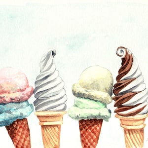 Art Print Ice Cream Soft Serve and Hand Dipped Cones Pastel Watercolor Painting Wall Home Decor Swirl Cute Preppy Gift for Her image 3