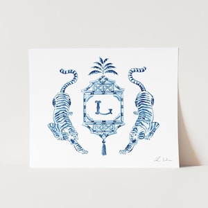 Blue Tiger Chinoiserie Initial Art Print, Custom Grandmillennial Monogram, Southern Sorority Decor, Palm Beach Style, Watercolor Painting