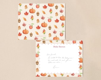 Autumn Fall Pattern Stationery Set, Pumpkin Note Cards, Falling Leaves Acorn Notecards, Thanksgiving Hostess Gift, Bespoke Family Gift