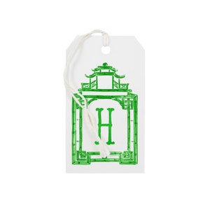 Custom Gift Tags Green Pagoda Initial - Chinoiserie Chic Bamboo Frame Holiday Personalized Stylish Gift Wrap Presents Southern Style Preppy