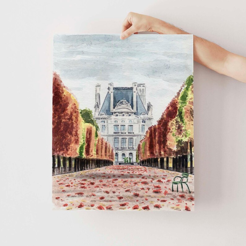 Autumn in Paris Art Print, Tuileries Gardens Palace, Fall Watercolor Home Decor, Paris Architecture Painting, Whimsical Apartment Wall Art image 2