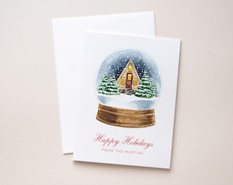 Personalized Holiday Stationery - Snowglobe Cabin Scene - Custom Printed Christmas Cards Snow Globe Winter Wonderland