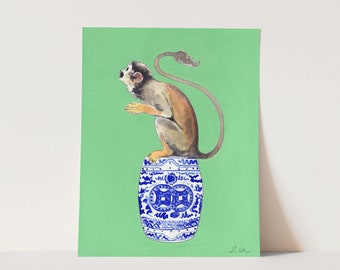 Chinoiserie Monkey Art Print No. 1, Blue and White Watercolor, Southern Preppy Decor, Palm Beach, Grandmillennial Painting, Sorority Style