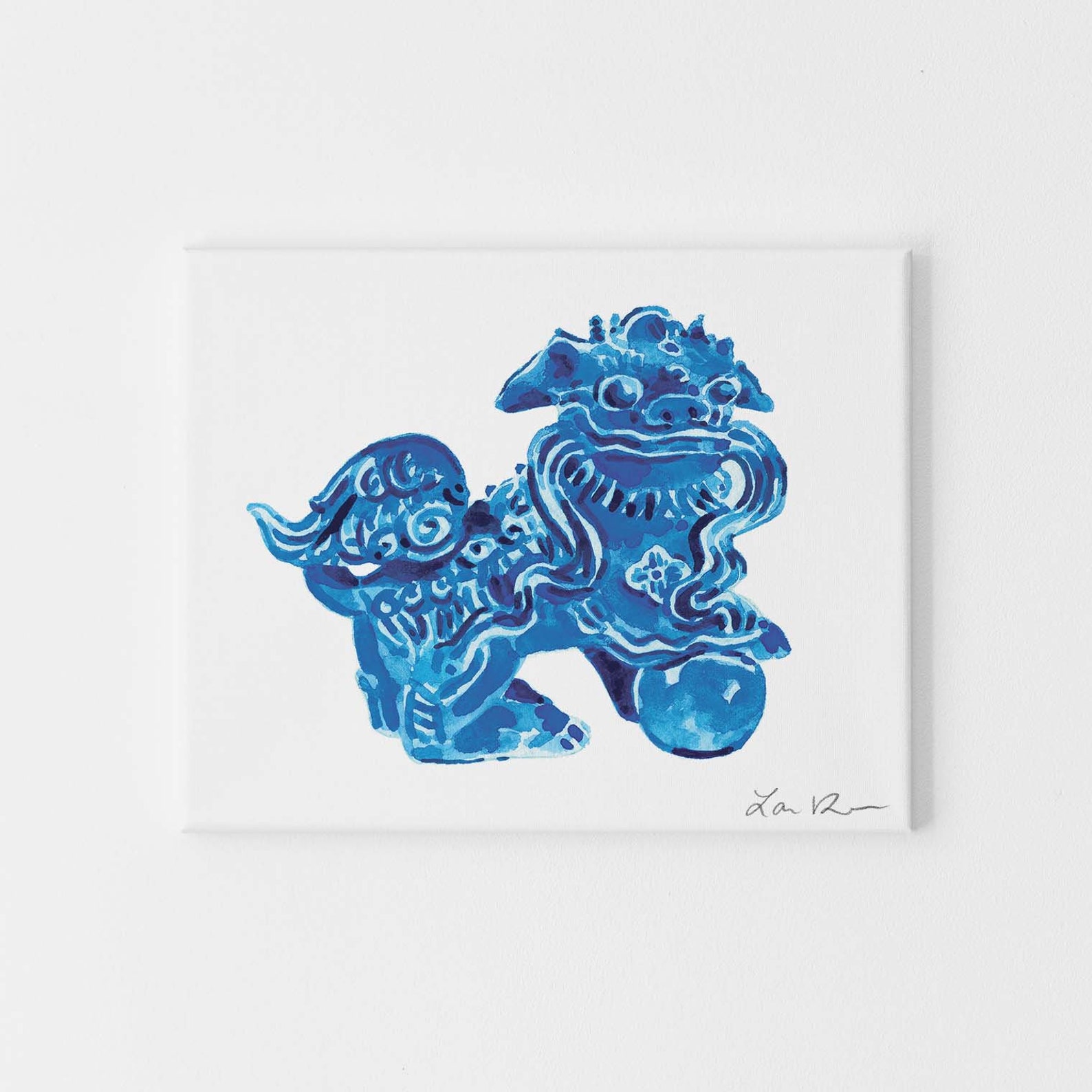 Blue Foo Dog Art Foo Dog Painting Blue and White Art Chinese Etsy