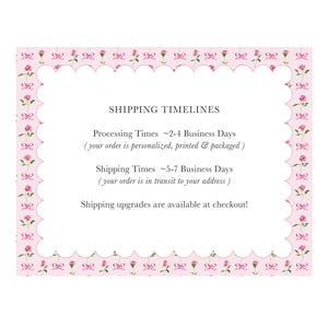 a shipping timeline for a personalized, printed, and packaged order. The order is processed in 2-4 business days, and the shipping times are 5-7 business days. The shipping upgrades are available at checkout.