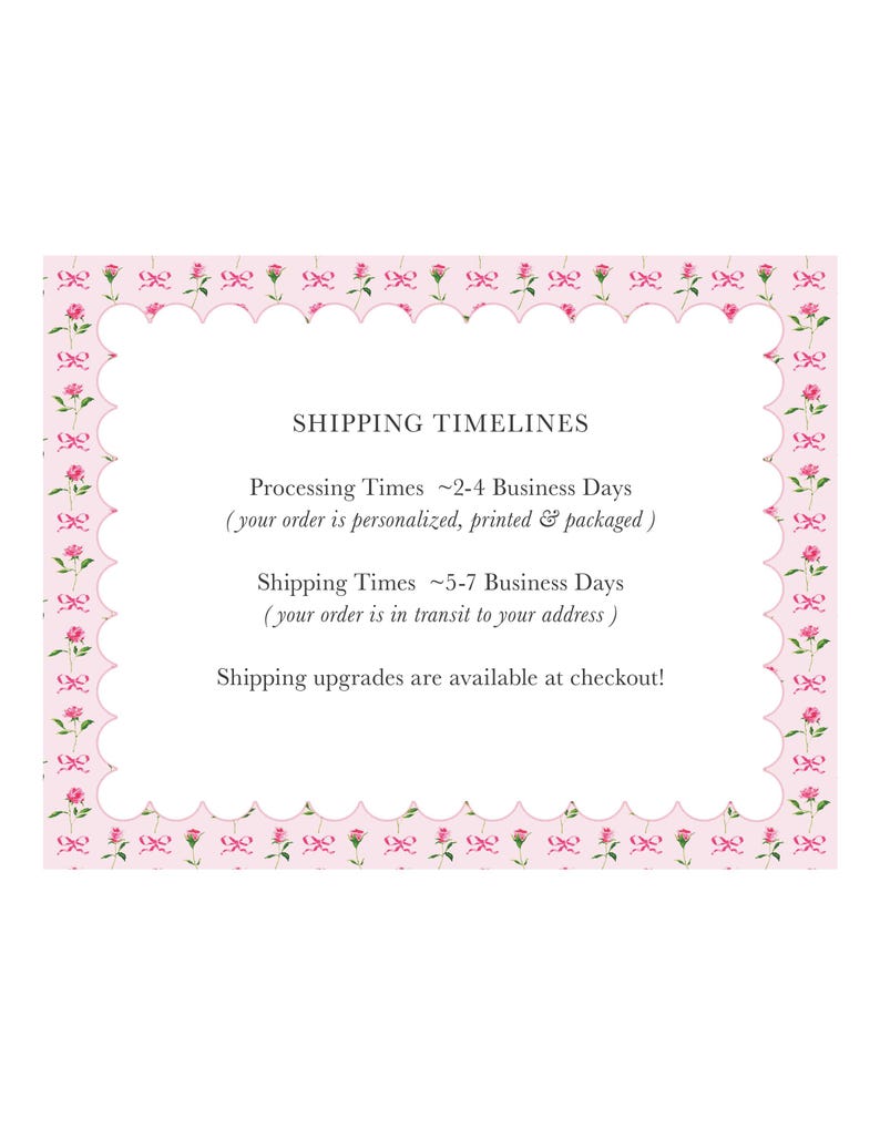 a shipping timeline for a personalized, printed, and packaged order. The order is processed in 2-4 business days, and the shipping times are 5-7 business days. The shipping upgrades are available at checkout.
