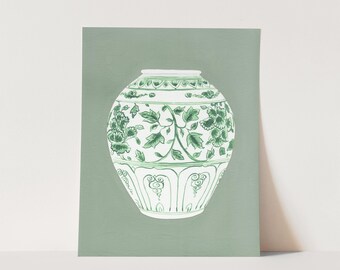 Green Ginger Jar on Sage No. 2 Art Print, Preppy Southern Sorority Watercolor, Chinoiserie Vase Painting, College Gift for Her