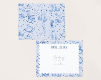Blue Baby Toile Pattern Stationery, Personalized Notecard Set, Custom Baby Shower Thank You Cards, Grandmillennial Style, Christening Gift