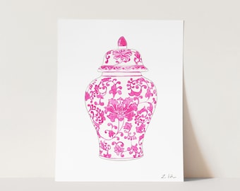 Pink Ginger Jar Art Print No. 2, Apartment Art, Bright Chinoiserie Home Decor, Preppy Watercolor Painting, Grandmillennial Art, Palm Beach