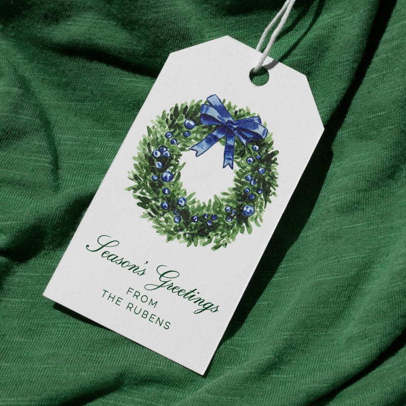Custom Christmas Gift Tags, Holiday Wreath Watercolor Tags, Chic Holiday Wrapping, Personalized Preppy Gift Wrap, Festive Hostess Gift image 2