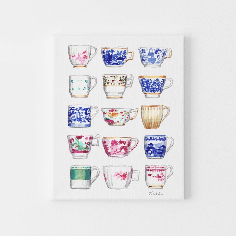 China Teacups Watercolor Art Print, Chinoiserie Painting, Antique Tea Cups Wall Decor, Grandmillennial Home, Southern Preppy Gift for Her image 3