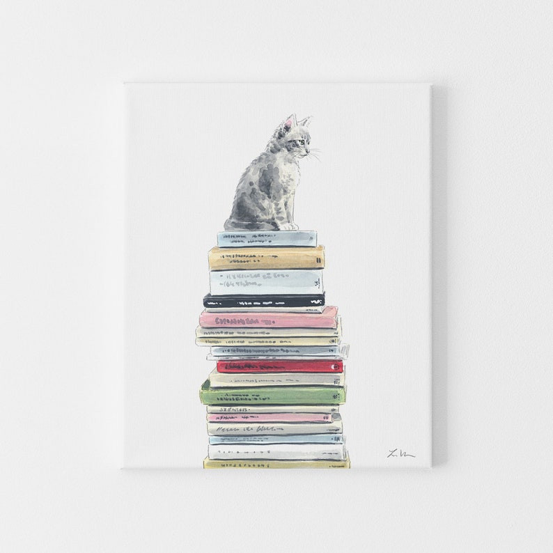 Bookstore Cat Art, Book Watercolor Illustration, Cat Lover Gift, Book Lover Gift, Kitten Art Print, Library Art Print, Bookshop Home Decor image 3
