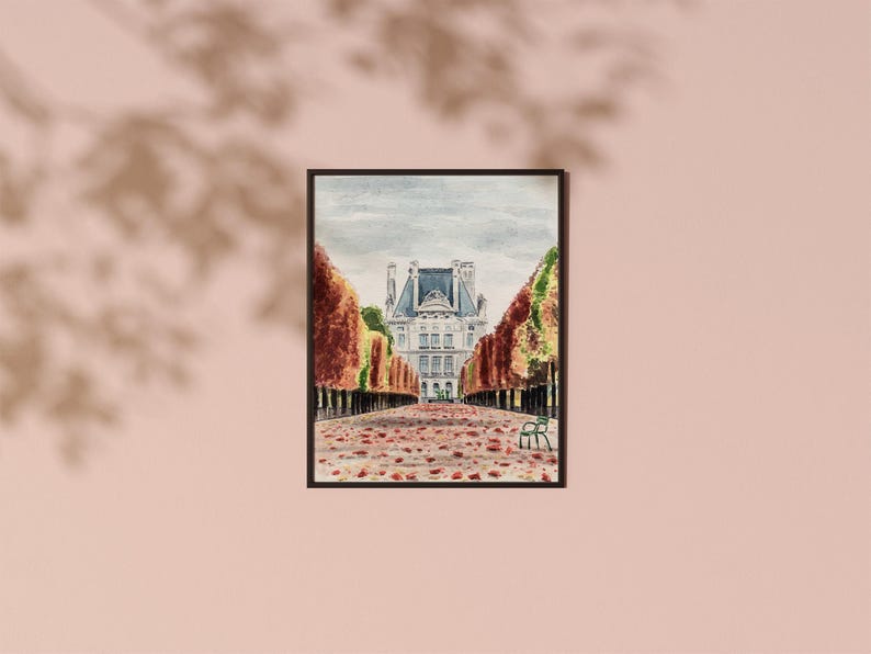 Autumn in Paris Art Print, Tuileries Gardens Palace, Fall Watercolor Home Decor, Paris Architecture Painting, Whimsical Apartment Wall Art image 6