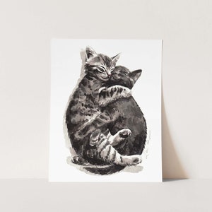 Kitty Hugs Art Print, Gray Cats Watercolor Painting, Tabby Cat Wall Decor, Cat Lover Gift, Animal Nursery Print, Friendship Art, Kitten Art
