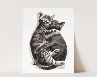 Kitty Hugs Art Print, Gray Cats Watercolor Painting, Tabby Cat Wall Decor, Cat Lover Gift, Animal Nursery Print, Friendship Art, Kitten Art