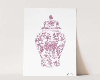 Mauve Pink Ginger Jar Watercolor Art Print, Southern Style Grandmillennial Painting, Mississippi College Dorm Room, Sorority Sister Gift