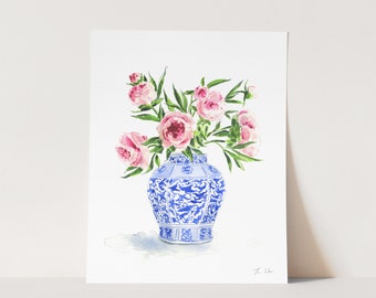 Chinoiserie Floral Art Print No. 2, Blue and White Ginger Jar, Floral Painting, Pink Peony Watercolor, Southern Preppy Apartment Wall Decor