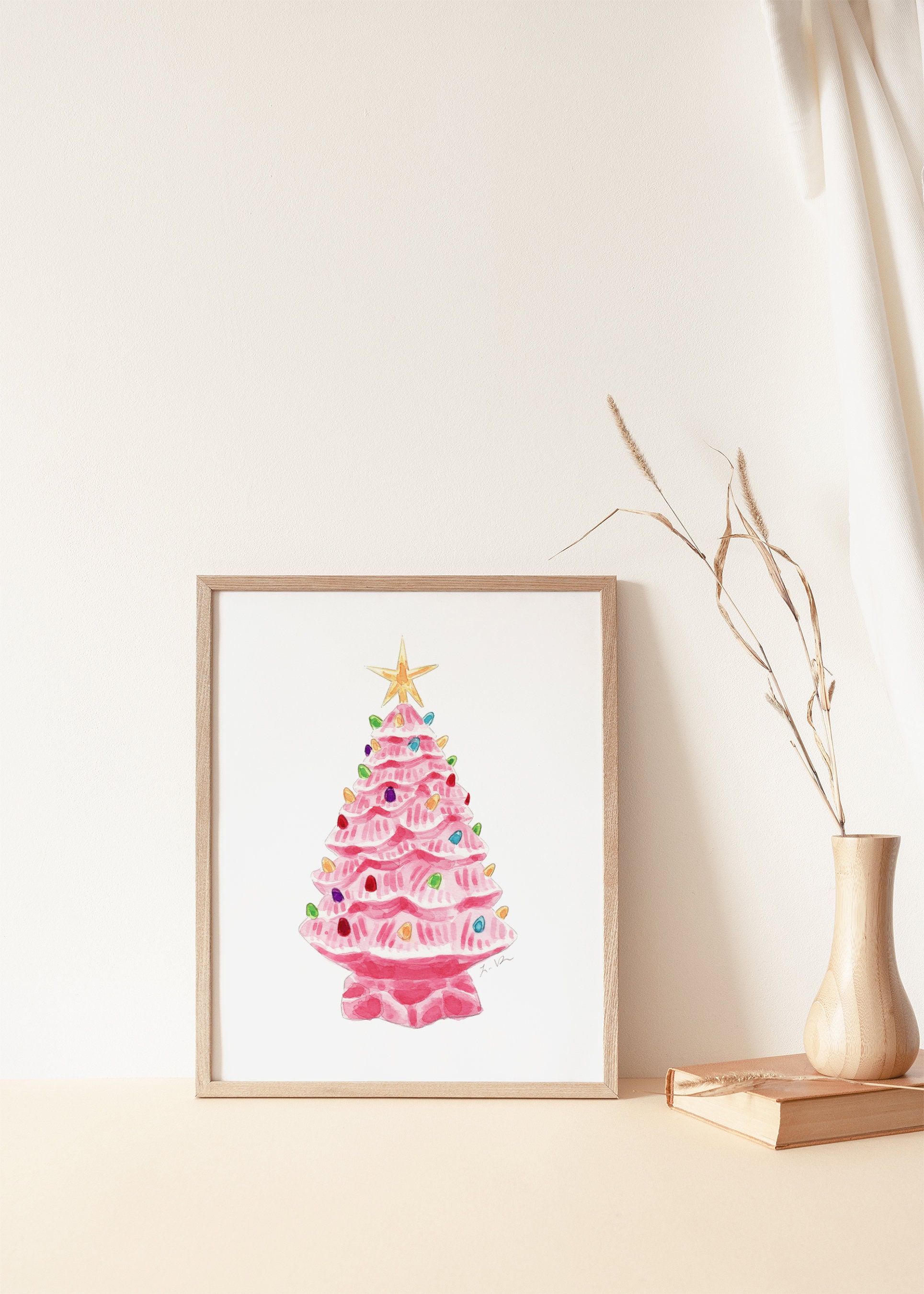 ART PRINT Pink Vintage Light up Christmas Tree Holiday | Etsy