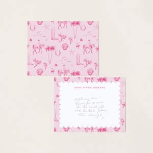 Pink Coastal Cowgirl Toile Notecards, Southern Monogrammed Gift, Western Aesthetic, Bespoke Texas Stationery, Custom Sorority Sister Gift image 1