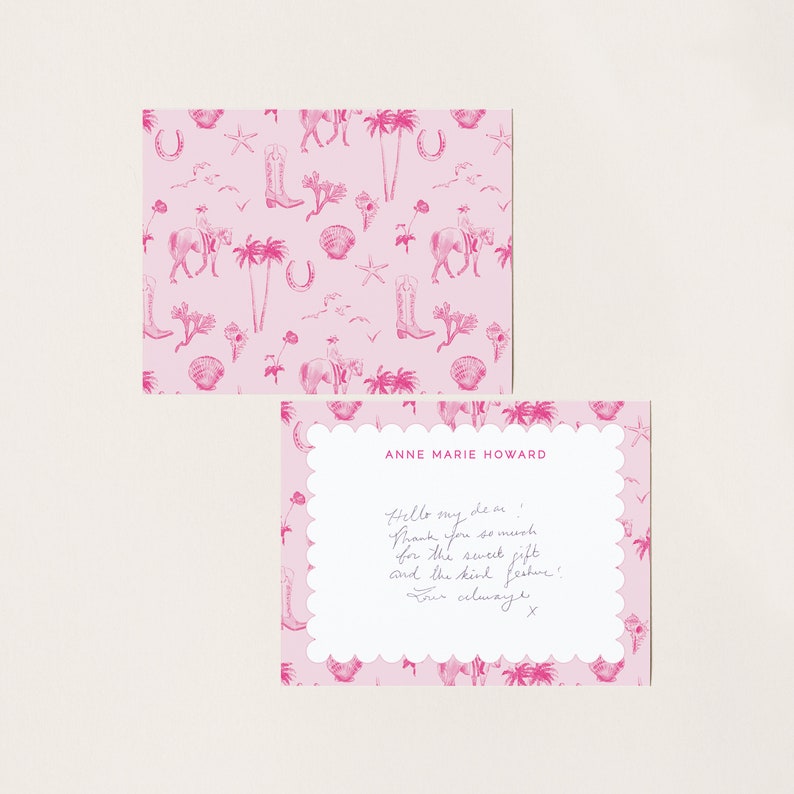 Pink Coastal Cowgirl Toile Notecards, Southern Monogrammed Gift, Western Aesthetic, Bespoke Texas Stationery, Custom Sorority Sister Gift Bild 1