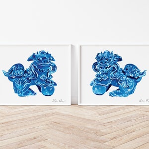 2 Art Prints Blue Foo Dogs - Chinoiserie Art Print Set, Southern Art Print, Chinoiserie Decor, Preppy Gift, Preppy Art Print, Watercolor