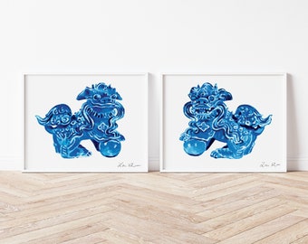 2 Art Prints Blue Foo Dogs - Chinoiserie Art Print Set, Southern Art Print, Chinoiserie Decor, Preppy Gift, Preppy Art Print, Watercolor