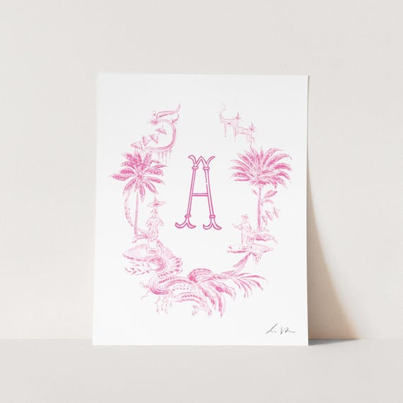 Custom Pink Grandmillennial Art Print, Chinoiserie Monogram Crest Painting, Personalized Initial Watercolor, Apartment Art, Dorm Room Decor