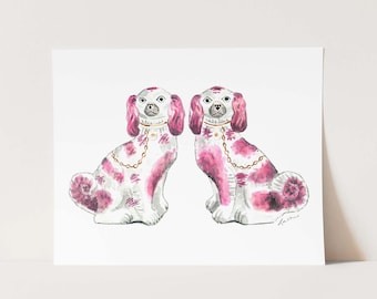 Pink Staffordshire Dogs Pair Art Print, Southern Preppy Decor, Grandmillennial Style, Palm Beach Decor, Chinoiserie Art, Watercolor Painting
