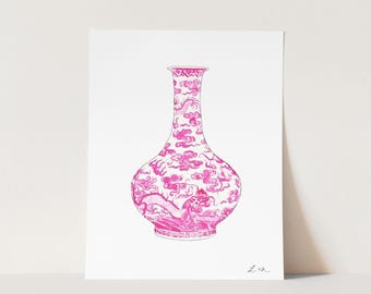 Pink Chinoiserie Art Print, Ginger Jar No. 3, Preppy Apartment, Palm Beach Style Watercolor Painting, Sorority Art, Grandmillennial Art