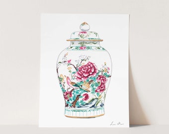 Art Print Rose Famille Ginger Jar No. 2 Chinoiserie Chic Watercolor Painting Floral Pattern Asian Antiques
