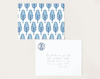 Blue Paisley Pattern Stationery, Personalized Notecards, Boho Stationery Set, Custom Preppy Gift, Monogrammed Gift, Southern Hostess Gift