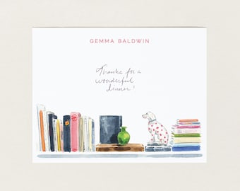 Vintage Bookshelf Stationery, Custom Book Lover Notecards, Personalized Teacher Gift, Whimsical Book Themed Gift, Preppy Watercolor Cards
